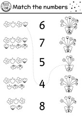 Easter black and white matching game with bouquet of spring flowers. Holiday math activity for preschool children with plants. Educational printable counting worksheet for kids.