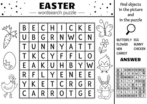 Vector black and white Easter wordsearch puzzle for kids. Simple spring crossword with traditional holiday symbols for children. Keyword activity with cute funny characters and objects.