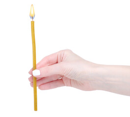 Wax candle in hand on white background isolation