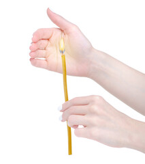 Wax candle in hand on white background isolation