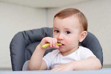 Mother feeding hungry baby in the highchair indoors