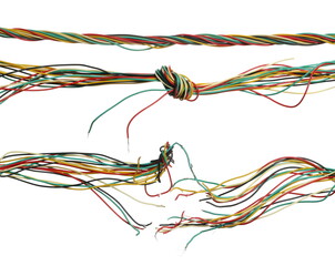 Set colorful telecommunication network cables, wires isolated on white background, with clipping path