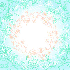 Abstract floral wreath

Vector abstract floral wreath from white, blue and pink doodle fantasy leaves and flowers on a gradient round frame background. Decorative frame for invitation card, wedding, g