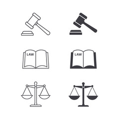 Scales, law book and gavel justice icon set, Vector isolated illustration