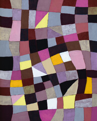 An irregular grid painting, with violets and yellows predominant.