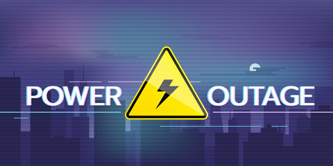 Power outage web banner with warning sign and night city without electricity. Vector illustration.