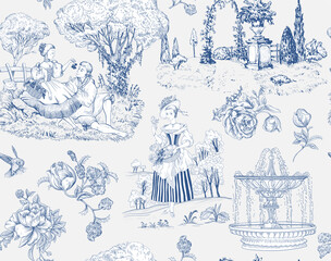 seamless pattern Toile de Jouy. French provence wallpaper. Light nature background. Digital paper provence style. Decoupage pattern, elegant life, love, people.   - 415441788