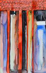 An abstract watercolour painting featuring roughly defined columns of various colours.