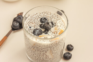 Close up of Chia seed pudding with blueberries and pieces of mango on white background. Quick and healthy breakfast concept. Copy space, stock photo