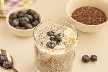 Quick and healthy breakfast concept. Chia seed pudding with blueberries and pieces of mango, bowl of chia seeds on white background. Copy space, stock photo