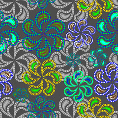Colourful seamless floral pattern on grey background. Vector.