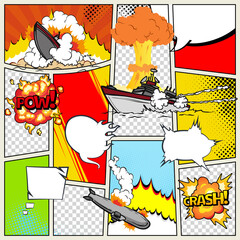 Template comic book page with warships. Comic book page divided by lines with speech bubbles and sounds effect. Military pop art ships that explode. retro background mock-up