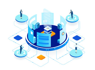 Isometric 3D business environment. Business management. Isometric office space, server room with business people. Technology, success, internet, data protection and personal security infographic