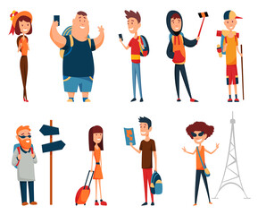 Tourist collection. Concept of an active lifestyle, tourism. A man and womans in different tour situations with smartphone and backpacks. illustration