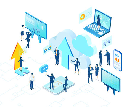 Isometric 3D business environment. Business management. Isometric office space, business people work around laptop as symbol of generating fresh content and new ideas. Infographic illustration