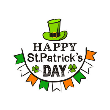 Happy Saint Patrick's Day greeting logo. Hand drawn festive lettering with leprechaun hat, irish flags and clover leaves isolated on white background. Vector illustration