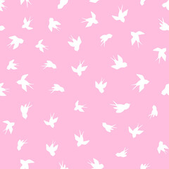 Seamless pattern with white swallow silhouette on pink background. Cute bird in flight. Vector illustration. Doodle style. Design for invitation, poster, card, fabric, textile.