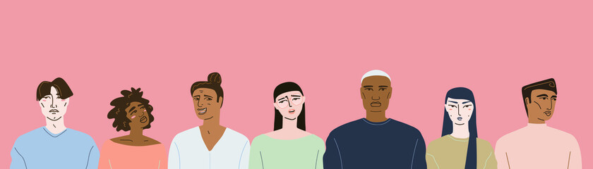 Fototapeta premium Vector illustration, isolated casual people, portrait of multiethnic people, young people of different nationalities stand in a row.