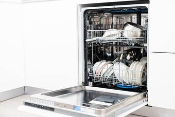 Modern dishwasher open, technology, kitchen.