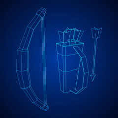 Medieval Bow and arrow archer weapon. Wireframe low poly mesh vector illustration.