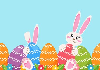 Easter colorful seamless border with eggs and bunnies. Vector illustration.