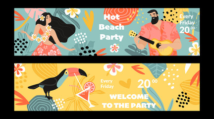 Set of vector banners for a summer beach party with a man with a ukulele, a dancing girl and a toucan.