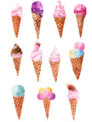 Watercolor illustration set of delicious ice cream