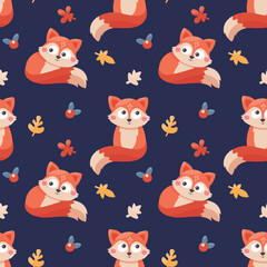 Seamless cute vector autumn patern with foxes, leaves and berries