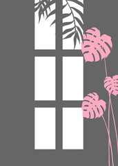 Abstract image of a window and tropical leaves on a gray background.
