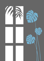 Abstract image of a window and tropical leaves on a gray background.