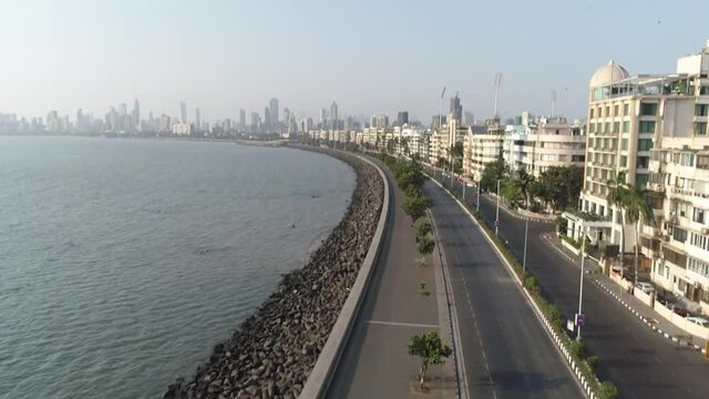 An aerial drone shot of Marine drive during Covid-19 lockdown in Mumbai, India