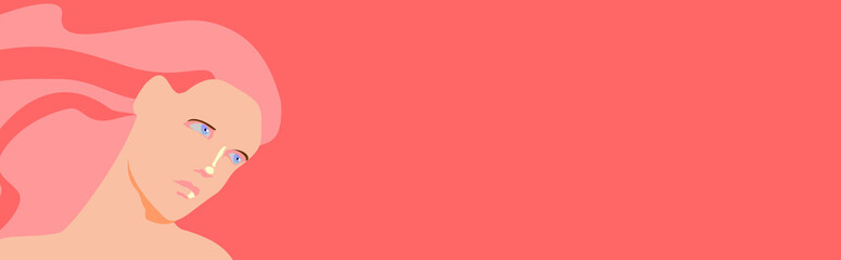 Bello rostro de mujer con cabello rosa y ojos azules sobre fondo rosa en arte digital con colores planos y forma alargada para encabezados con gran espacio para texto