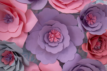 Huge artificial flowers made of paper - origami, on a white wall. Flowers pink and purple for the background.