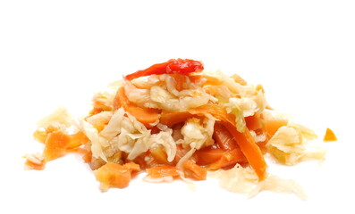 Pickled sour vegetables mix salad, carrot, cabbage, paprika and cucumber background, winter stores 