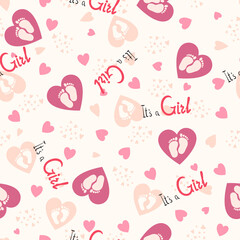 Gender Party Seamless Pattern for Girl with Heart. Text It s a Girl. Baby Greeting Design Newborn Birth. Vector