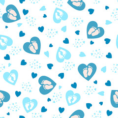 Cute background with hand drawn blue hearts and baby feet for baby design. Pastel colors, pink shades. Vector