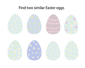 Find two similar Easter eggs educational activity for children, Easter chicken educational game, simple cartoon farm animal vector illustration worksheet