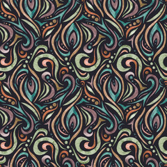 Hand-drawn waves seamless pattern  on a dack background. Abstract watercolor background in a diamond pattern