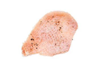 raw chopped pork meat with spice isolated on white background. above view. fresh meat slice cut out