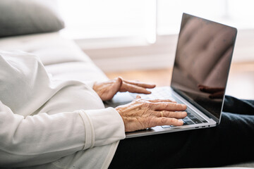 Calm senior woman browsing laptop in living room