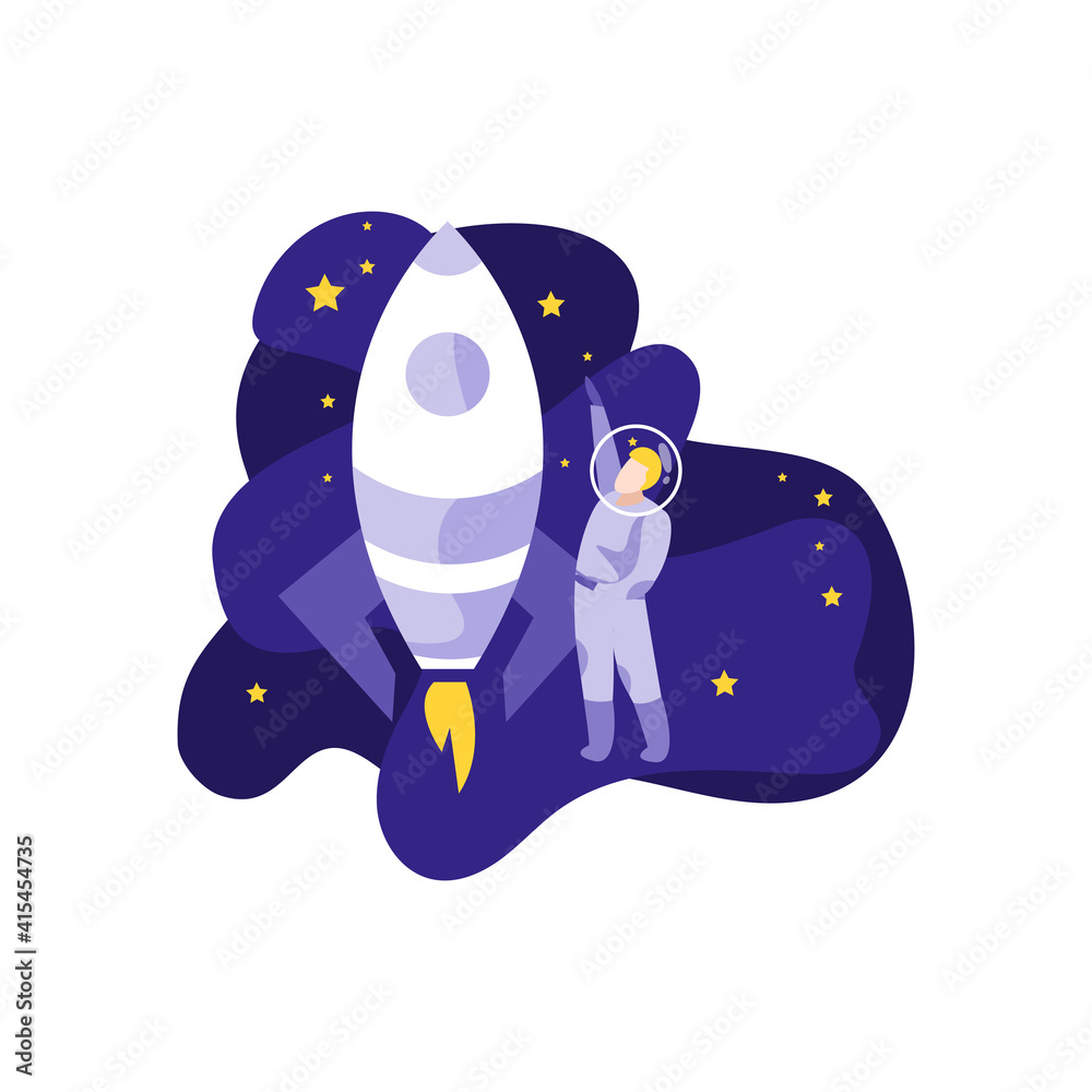 Sticker astronaut and rocket composition