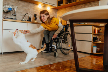 Beautiful woman in wheelchair playing with cat