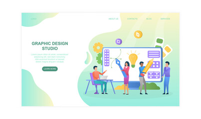Male and female characters are working in graphic design studio. Creative designers team working together on huge screen. Website, web page, landing page template. Flat cartoon vector illustration
