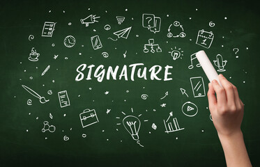 Hand drawing SIGNATURE inscription with white chalk on blackboard, education concept