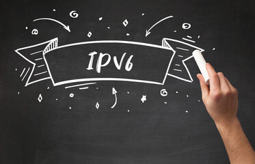 Hand drawing IPV6 abbreviation with white chalk on blackboard