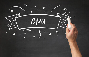 Hand drawing CPU abbreviation with white chalk on blackboard