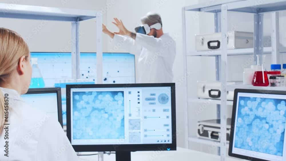 Wall mural genetic engineers are using virtual reality technology. professional team of scientists is working o