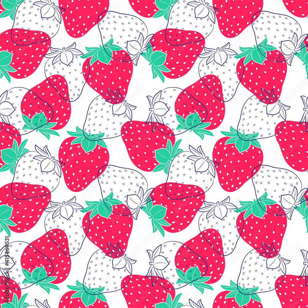 Poster Seamless pattern with strawberries. Simple color summer pattern with berries. Flat elements are isolated. Transparent background. For design of kitchen accessories, clothing, and food packaging.