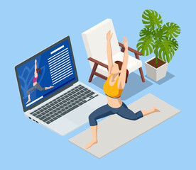 Isometric girl watching online classes on laptop, practicing yoga, meditation. Live stream, internet education. Healthy lifestyle concept.