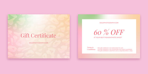 Gift card Design. Pastel holographic background with animal texture